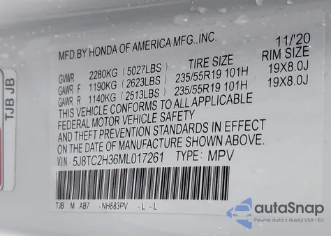 2021 Acura Rdx Standard from USA, damaged, VIN 5J8TC2H36ML017261
